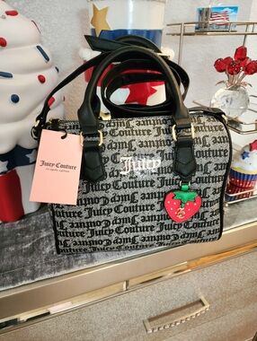 Juicy Couture Black Purse Tote Bag Satchel Handbag Red Strawberry Charm New Y2k
